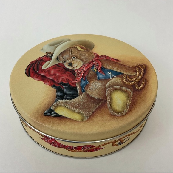 Vintage western cowboy teddy bear decorative storage tin container with lid - Picture 5 of 7